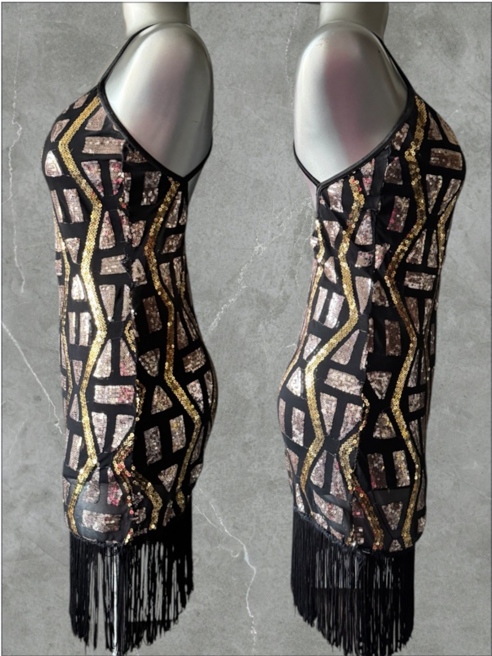 Dance Costume | Black Fringe Flapper Costume with Gold Geometric Sequin Panels - Picture 6 of 16